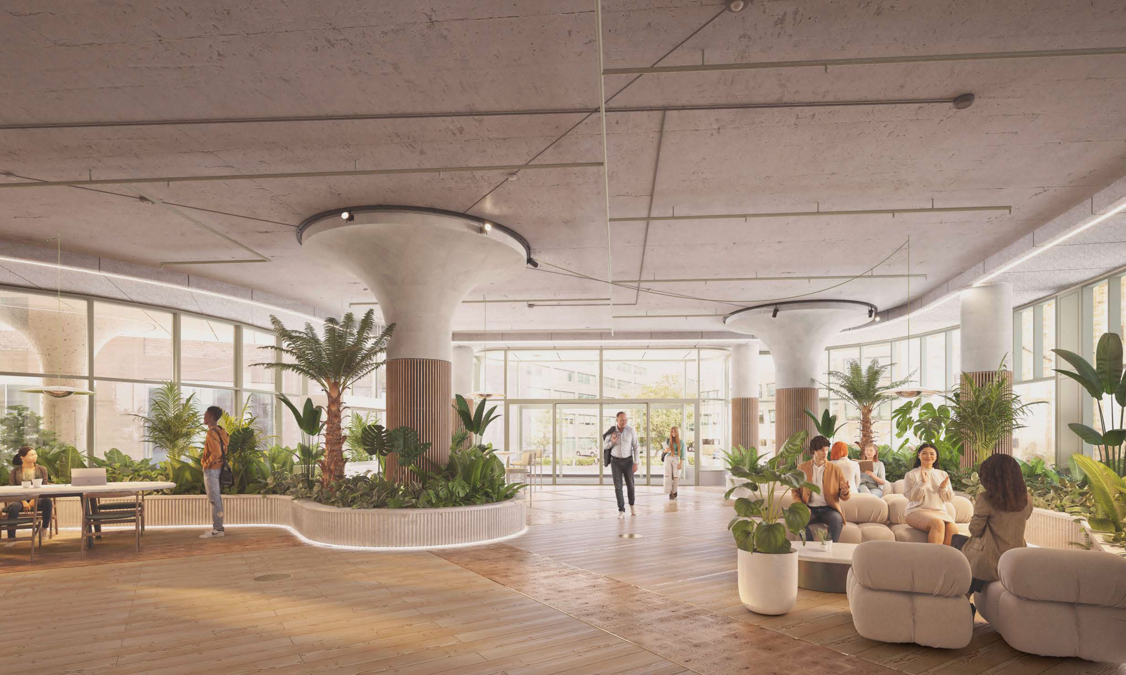 Generous reception areas with extensive planting and materials